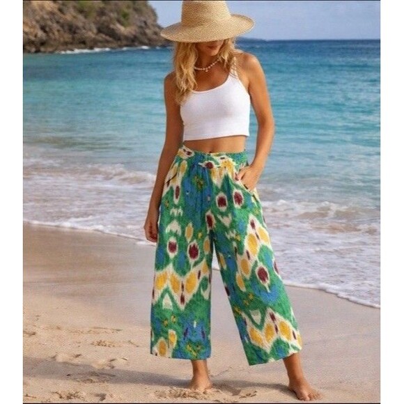 Christian Siriano Pants - Christian Siriano Linen Pants Womens S Ikat Print Wide Leg Cropped Beach Coastal